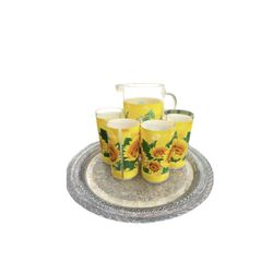 Vintage Sunflower Iced Tea/Lemonade Pitcher & 4 Matching Tumblers Acrylic