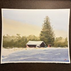 Snowy Barn - Original Watercolor Painting 11x14