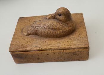 Vintage Hand Carved Duck On Carved Wooden Box For Playing Cards.