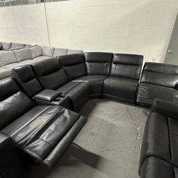 Dark Grey Leather Reclining Sectional Couch