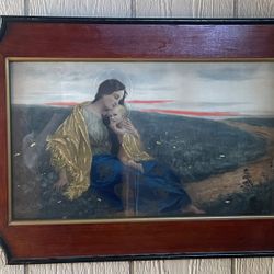 Antique Religious Hand Colored Lithograph Mary And Baby Jesus 