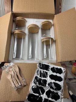 Set of 5 clear canisters with bamboo lids,wood scoops and stickers