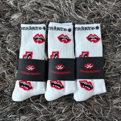 3 pairs of Brand New White and Red Chrome Hearts Lip Socks