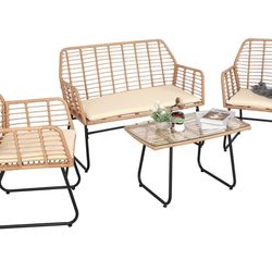 4 Piece Patio Conversation Sets,Wicker Patio Furniture Sets,Outdoor Patio Furniture,Outside Furniture,Backyard Furniture,Front Porch Furniture,Beige