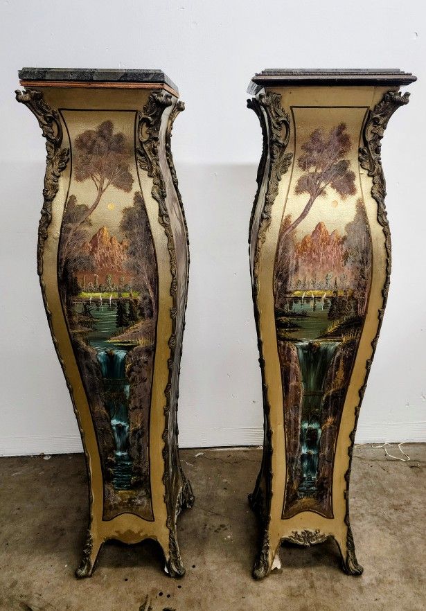 Large French Pedestals! Louis XV Style carved Gilt Metal composition and Vernis-Martin decorated.
