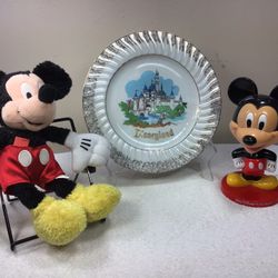 3 Mickey Mouse Collectables, Disneyland Plate, Bobble head, Doll