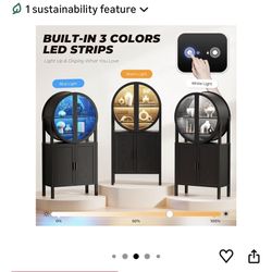 Rounded Bar Cabinet with LED Lights, 65" Tall Wine Display Cabinet with Glass Doors & Shelves, Curio Cabinets, Kitchen Pantry for Dining Room, Kitchen