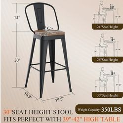 Aklaus Swivel Metal Bar Stools 26 inch Swivel Counter Height Barstools Set of 4 Modern Farmhouse Bar Chairs with High Backs and Large Wooden Seat for 