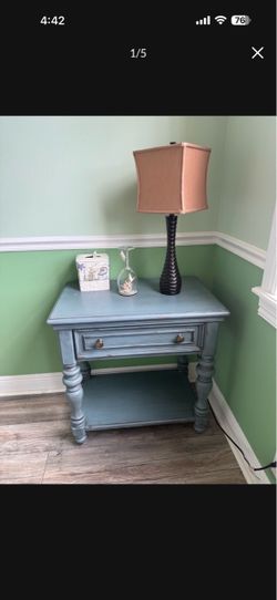 Coastal Farmhouse Blue Side Table – Distressed Wood, Turned Legs