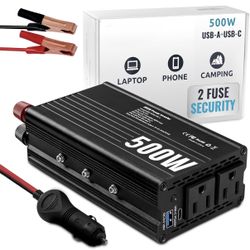 500W Car Power Inverter 12v to 110v – Car Adapter for Plug Outlet, DC to AC Converter, USB/USB-C Fast Charger for Laptop, Phone, Dual AC – for Vehicle