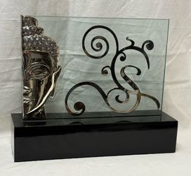 Chrome Glass Wood Base Buddha Decor