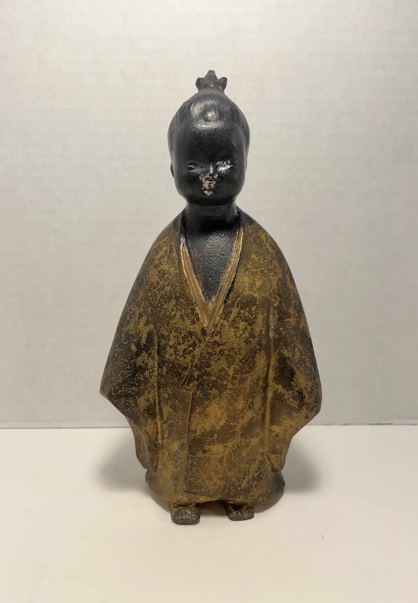 1960's Japanese Okimono Selflessness Child Cast Iron Gilded Figurine 10"