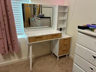 White Vanity Desk with LED Mirror and Drawers