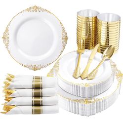 350PCS Gold Plastic Plates - Gold Plastic Dinnerware Sets for 50 Guests 