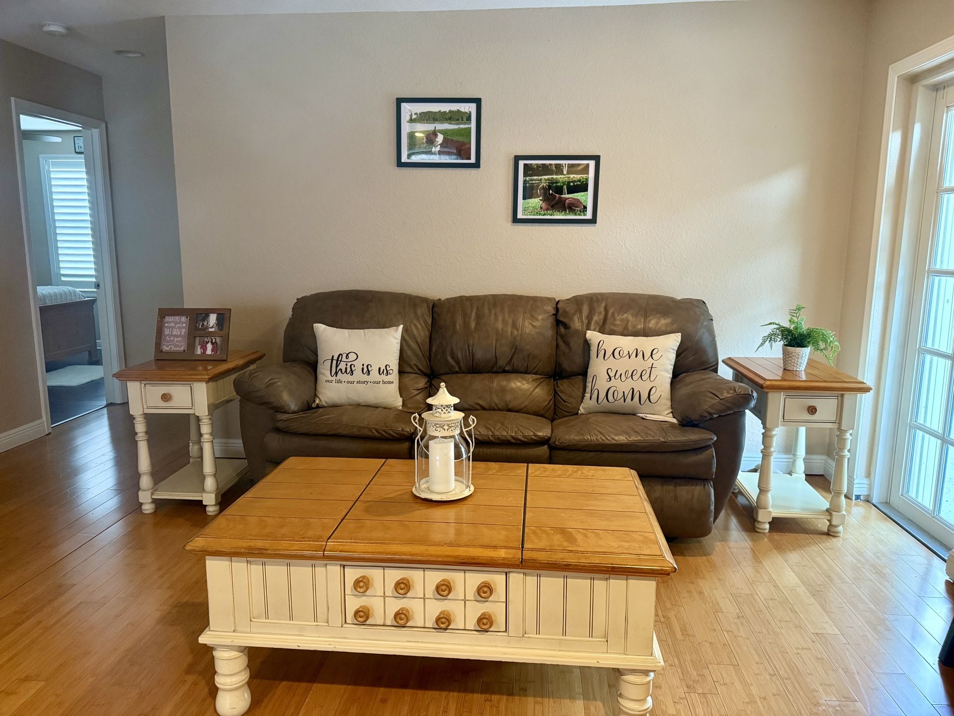 Leather Couch With Two Recliners Built In and 2 Tables 