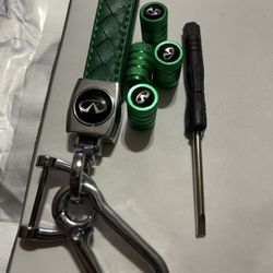 Infiniti Logo Green Style Genuine Leather Chrome Hook Key Chain 4pcs Caps