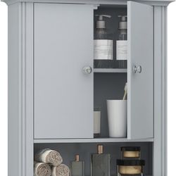 Wall Mounted Bathroom Cabinet Wooden Storage with 2 Doors & Adjustable Shelf, Light Grey