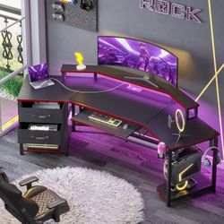79-Inch Gaming Desk Featuring LED Lights And Power Outlets, Equipped with Two Fabric Drawers, Open Shelves, a CPU Stand, a Cup Holder, Hooks for Headp