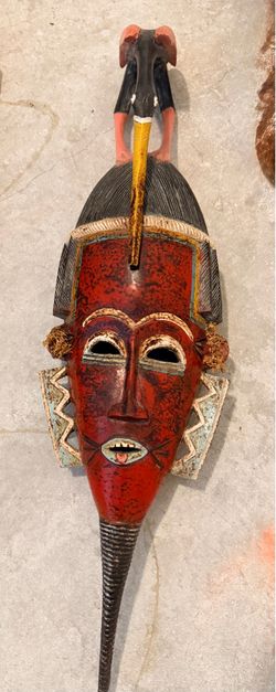 African Hand-Carved Wooden Tribal Wall Mask with Bird Figure – Decorative Art