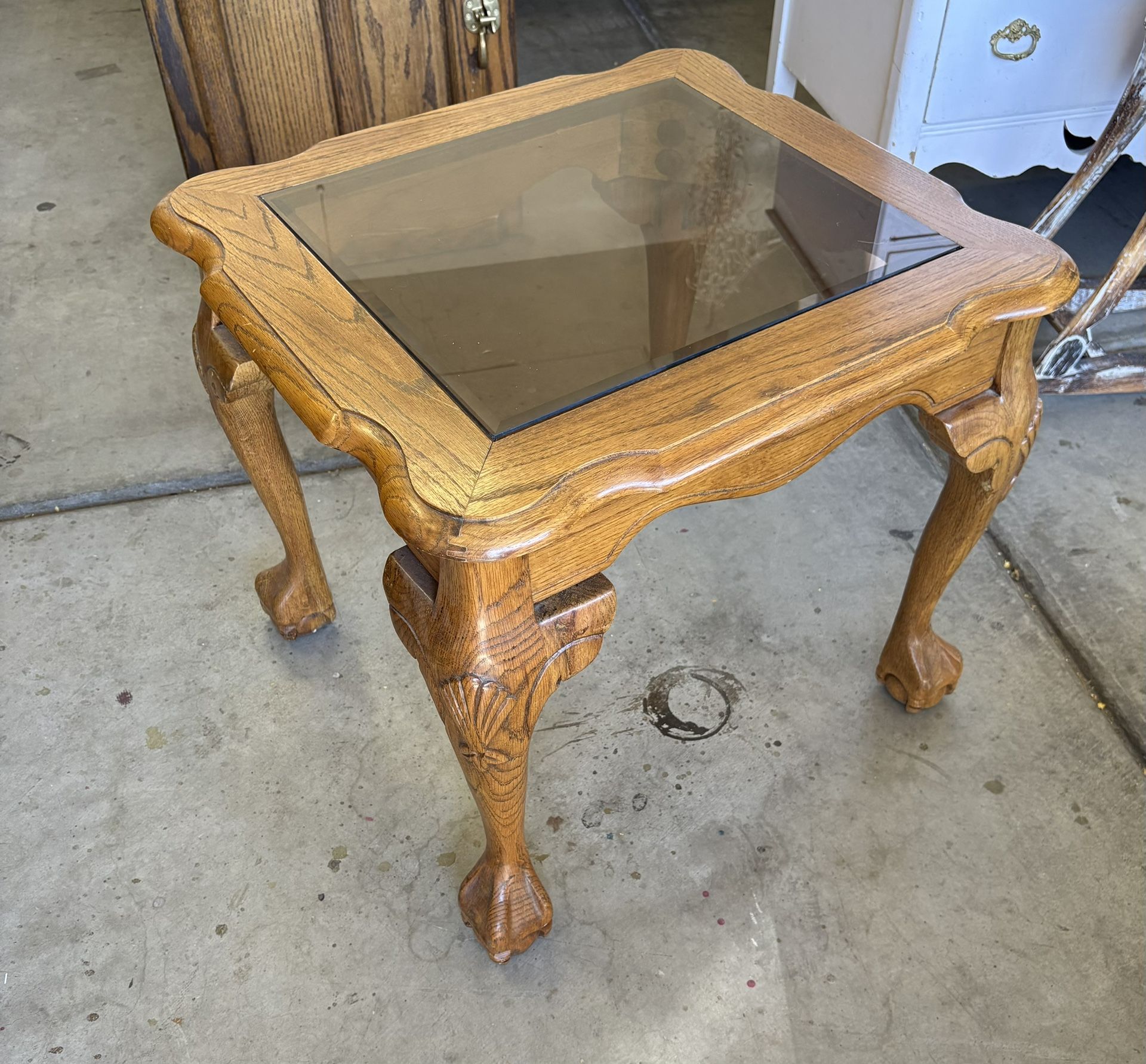 Solid Carved accents Oak End Table With Smoked Glass