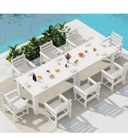 SERWALL HDPE Dining Set for 8: 2 Umbrella Hole Tables + 8 Chairs. Includes 8 Plastic Woven Placemats – Heat-Resistant, Non-Slip & Easy to Clean. for G