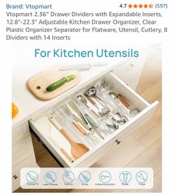 Vtopmart 2.36” Drawer Dividers with Expandable Inserts, 12.8"-22.3" Adjustable Kitchen Drawer Organizer, Clear Plastic Organizer Separator for Flatwar