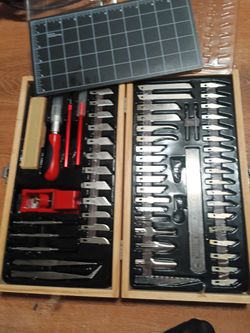 Mastergrip Craft & Hobby Knife Set Wood Case Mat rare 68 pieces kit