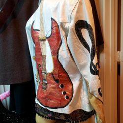 Leather Jacket Hand Painted Guitar,sax, Keys See Description