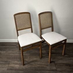 Set of 4 Mid Century Folding Chairs – Vintage Stakmore Wood, Cane Back & Cream Upholstery