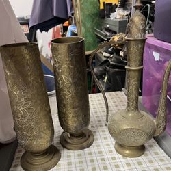 Vintage Brass Pitcher And Cups 