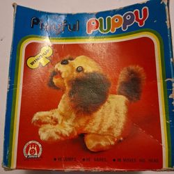 VINTAGE TOY DOG JUMPING AND BOX