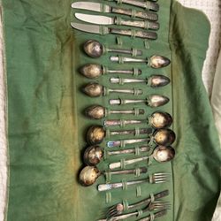 Vintage Silverware Set  In Brown Leather Case 