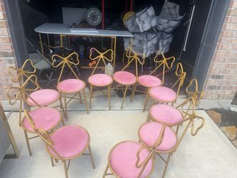 Set of 10 Gold Bow-Back Pink Velvet Chairs