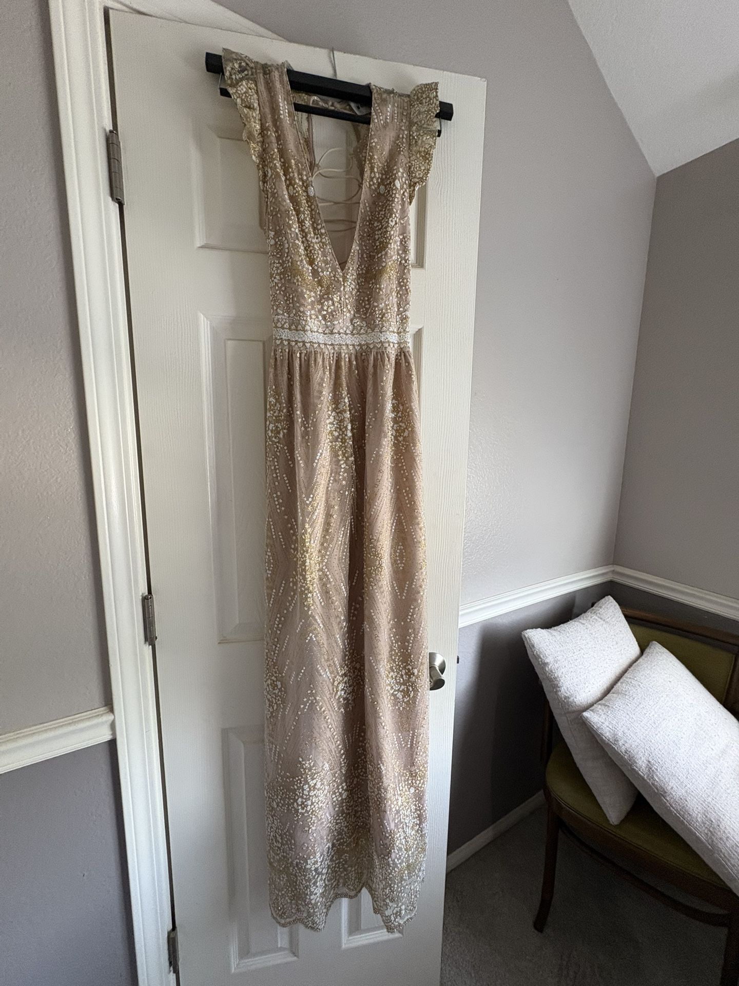 Hello Molly GOLD ON THE CEILING MAXI DRESS CHAMPAGNE Size Small Prom Dress
