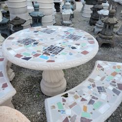 Concrete Mosaic Picnic Table with 3 Benches/ Outdoor Patio Furniture