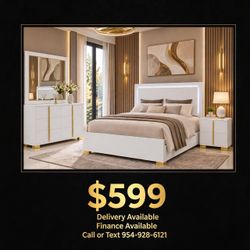 White and Gold Bedroom Set with LED Headboard