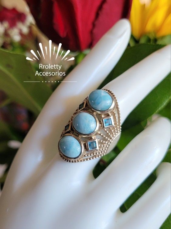 Sterling Silver 925 Ring With Larimar And Crystal Stone.