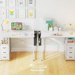 40-Inch Small Computer Desk with Fabric Drawers, Kids Girls Teen Study Writing Desk for Bedroom, Home Office Desk with Storage Shelf & Bag for Small S