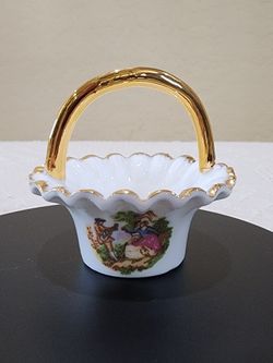 Vintage BRINTON Bone China Courting Couple Open SALT Handled Basket Gold Accent