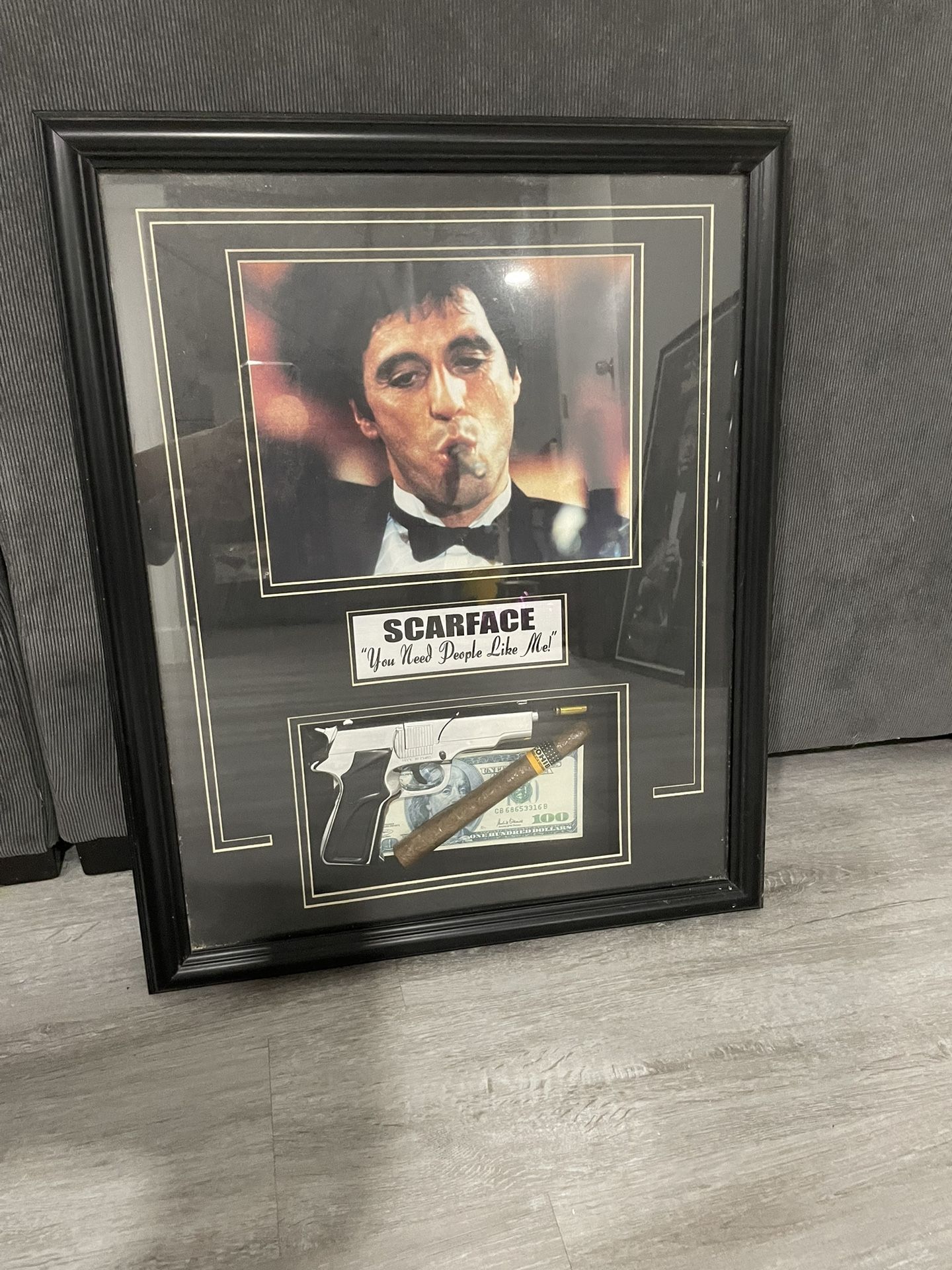 Scarface Poster Framed With Gun And Cigar