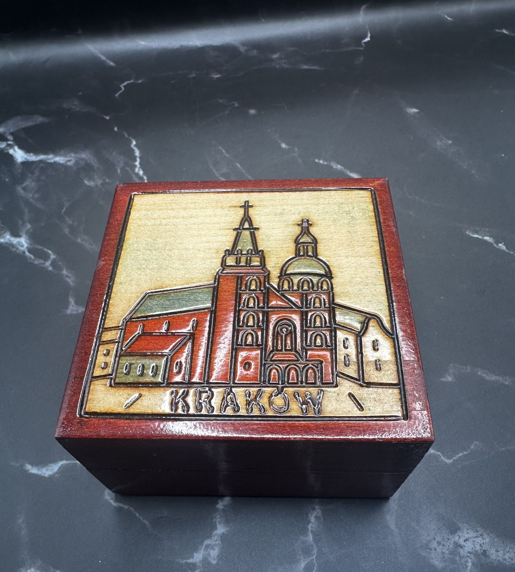 Stained Wood Burned Hinged Trinket Jewelry Box Krakow Poland