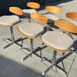 vintage mid-century modern chrome and wood adjustable swivel bar stools,  Set 6
