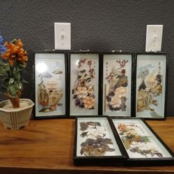 Vintage Framed Chinese Shell Art and glass bonsai tree