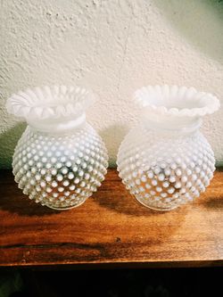 2 FENTON(?) Opalescent Hobnail Crimped Hurricane Lamp Shades both $60 (Read)
