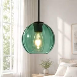 Rayhome 1-Light Green Pendant Light with Ribbing Glass Shade for Kitchen Island, Dining Room