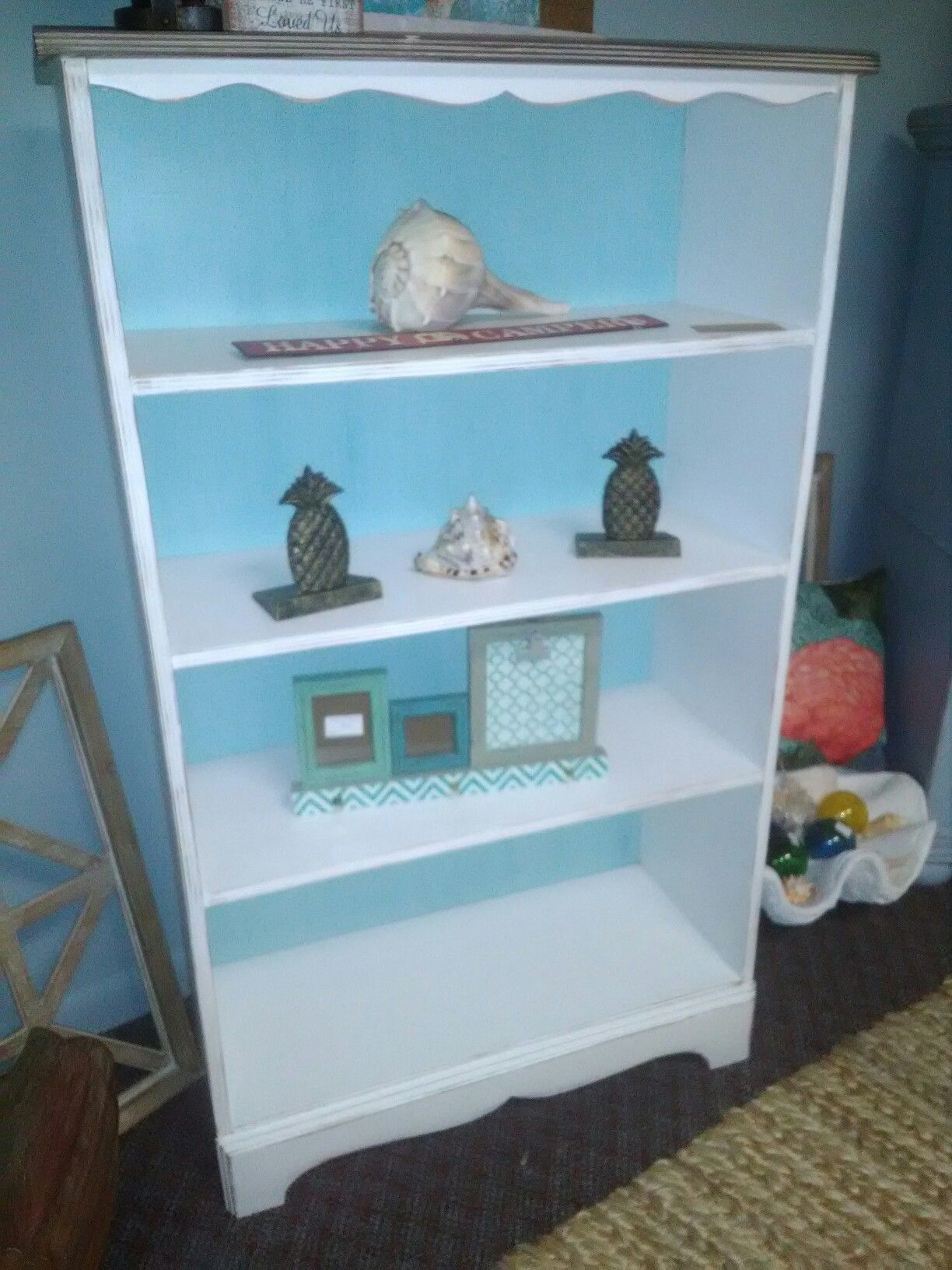 Wood bookcase - chalk painted white & blue