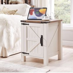 NEW-OKD Nightstand with Charging Station, 18 Inch Farmhouse End Table with Barn Door and Adjustable Storage Shelf, Rustic Wood Sofa Side Table w/Magne