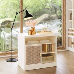 Modern Wood Accent Cabinet with Sliding Door - White Rattan
