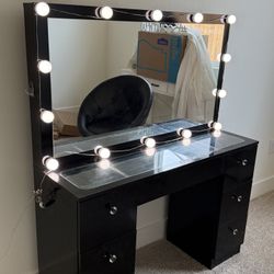 Black Vanity with Light-Up Mirror + Chair / please read description!