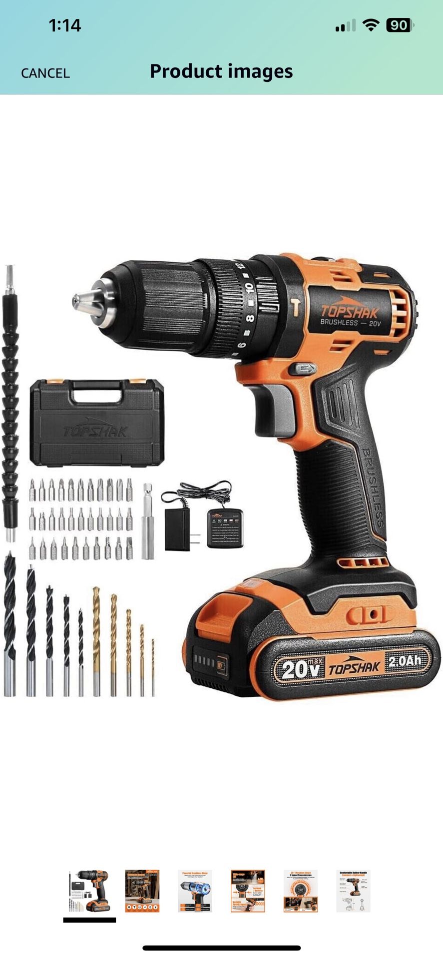 TOPSHAK 20V Li-Ion 1/2 in. 47-Piece Brushless Impact Drill Kit Electric Variable Speed TS-ED5